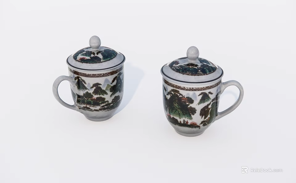 Pair of Traditional Ceramic Teacups with Landscape Painting Design and Lid Handles 3d model 