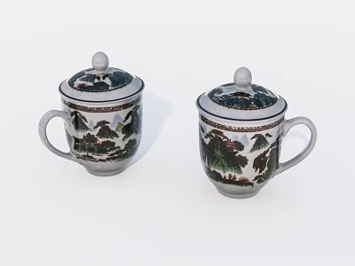 Pair of Traditional Ceramic Teacups with Landscape Painting Design and Lid Handles 3d model