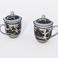 Pair of Traditional Ceramic Teacups with Landscape Painting Design and Lid Handles