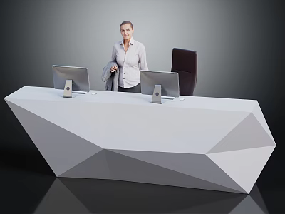 Modern White Geometric Reception Desk With Two Computer Monitors And Office Chair 3d model