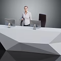 Modern White Geometric Reception Desk With Two Computer Monitors And Office Chair