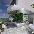 Modern Courtyard Garden Design With Green Living Wall Trees Flowers And Metal Decorative Elements