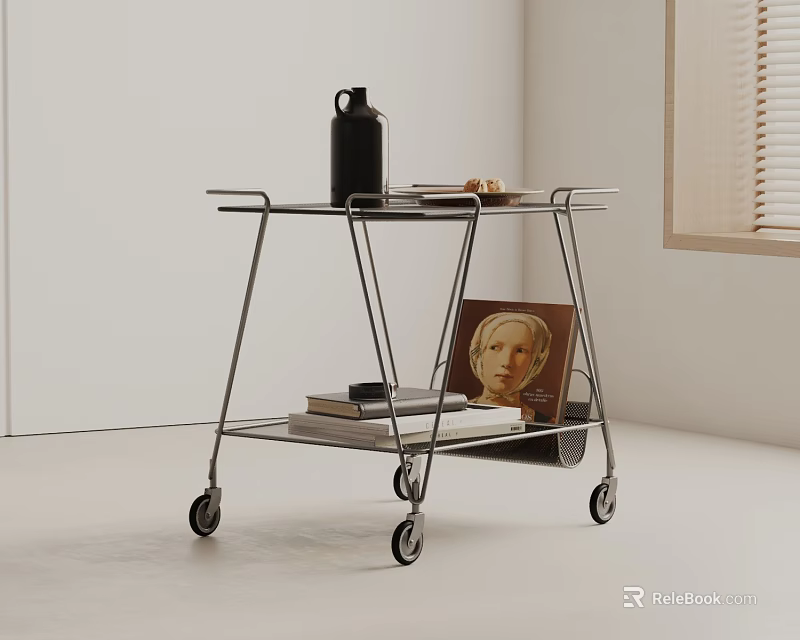 Modern Metal Wheeled Side Table With Two Tiered Shelves Black Kettle Snacks Books And 3d model 
