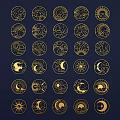 Golden Circular Wall Hangings With Sun Moon Patterns On Blue Background 3d model