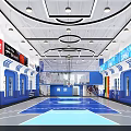 Modern Blue and White Basketball Court With Bright Lighting Scoreboard and Bleachers