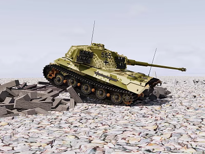 Green Military Tank With Cannon Tracks On Gravel Ground And Rubble Stones 3d model