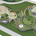 Children's Play Area With Dome Shaped Structures Green Lawns And Circular Paths In Natural Surroundings