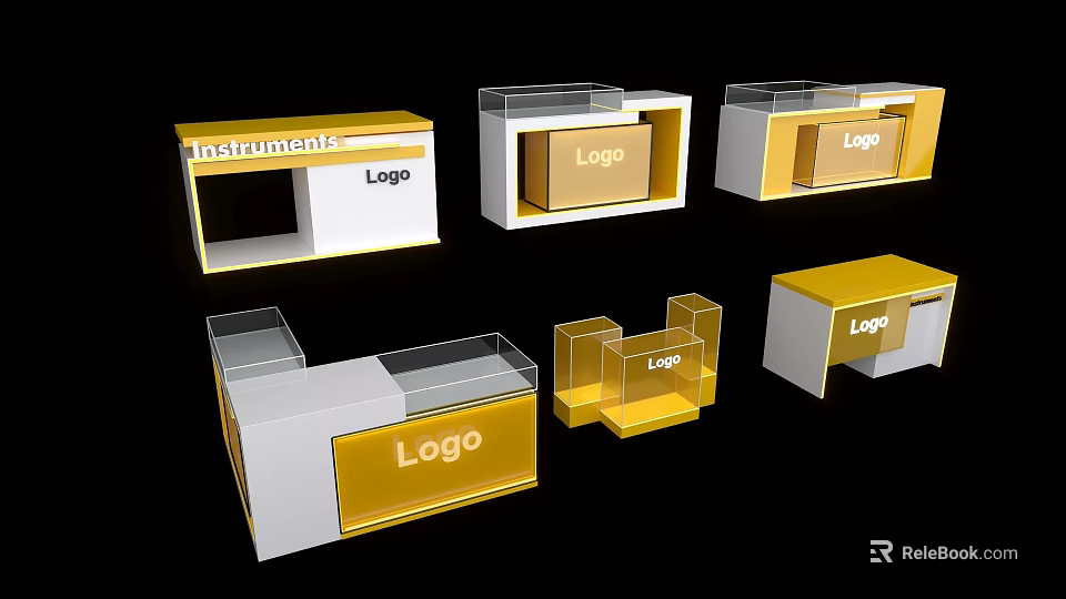 Yellow and White Retail Display Shelves with Transparent Parts and Logo for Instruments Showcase 3d model 