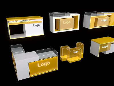 Yellow and White Retail Display Shelves with Transparent Parts and Logo for Instruments Showcase 3d model