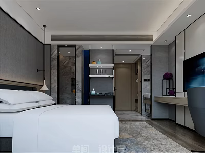 Modern Hotel Guest Room Interior With Comfortable White Bed TV And Lighting 3d model