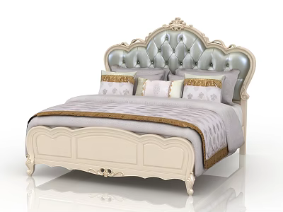 Elegant European Style Double Bed With Carved Tufted Headboard Decorative Pillows And Gold Trim 3d model
