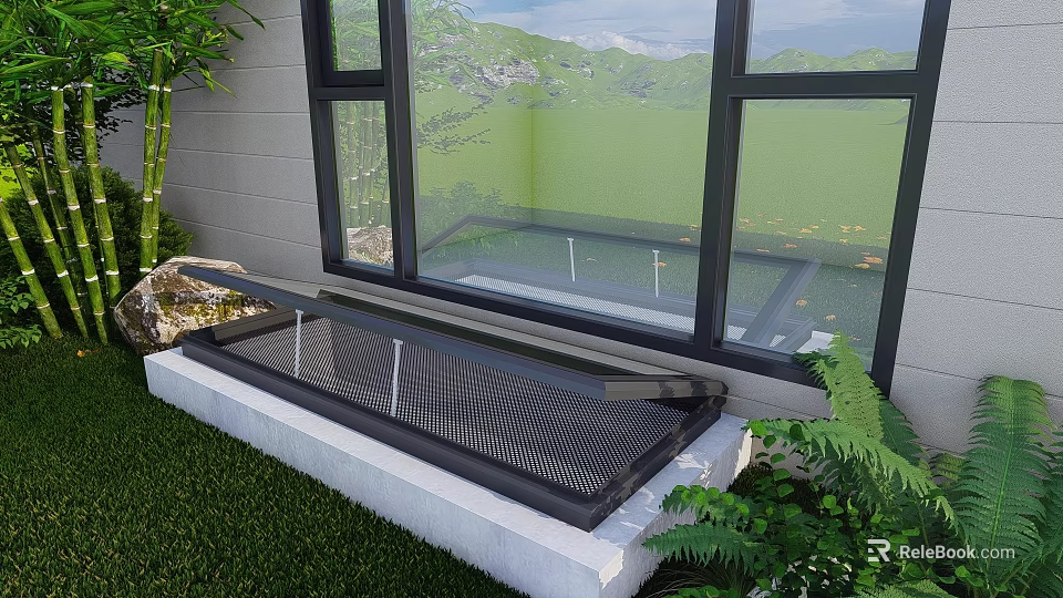 Elegant Detached Villa Featuring Large Windows Green Mountain View Lawn And Lush Plants 3d model 