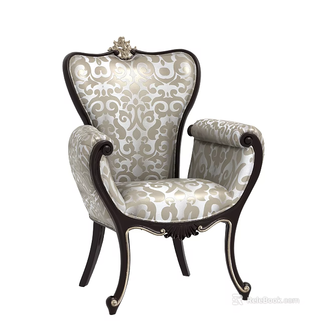 Classic Style Accent Chair With Cream Damask Upholstery And Dark Wood Carved Frame Details 3d model 