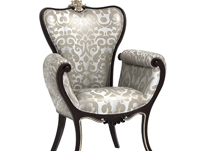Classic Style Accent Chair With Cream Damask Upholstery And Dark Wood Carved Frame Details 3d model