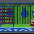 Interactive Zone Featuring Blue Green Enclosure Red Balls on Shelves and WOW Sign