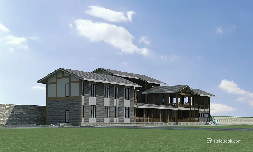 Traditional Modern Homestay Building With Gray Roof Beige Walls And Green Lawn 3d model 