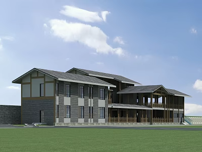 Traditional Modern Homestay Building With Gray Roof Beige Walls And Green Lawn 3d model