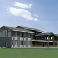 Traditional Modern Homestay Building With Gray Roof Beige Walls And Green Lawn