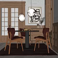 Warm Restaurant Interior With Wooden Dining Table Chairs Pendant Lights And Abstract Painting