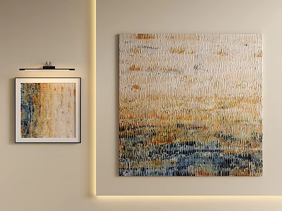 Large Abstract Oil Painting With Beige Orange Blue Textured Surface Hanging On Interior Wall 3d model