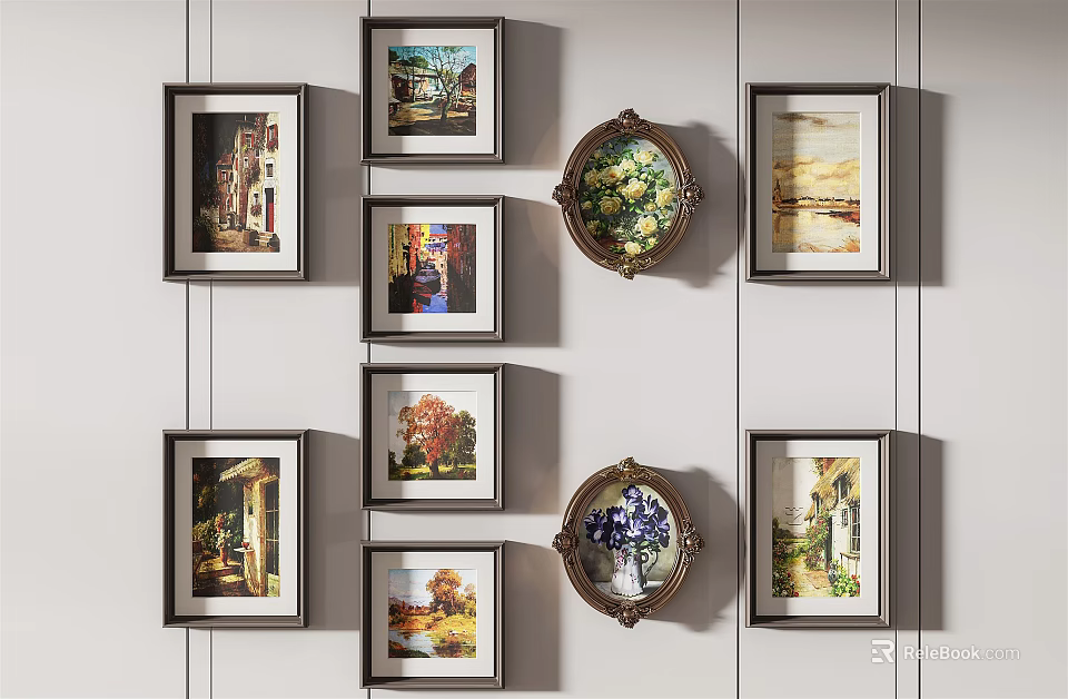 Artistic Wall Gallery Featuring Framed Paintings In Various Shapes And Styles 3d model 