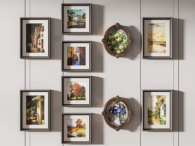 Artistic Wall Gallery Featuring Framed Paintings In Various Shapes And Styles 3d model