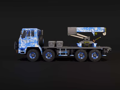 Blue and White Camouflage Six Wheel Multi Functional Truck With Crane Arm 3d model