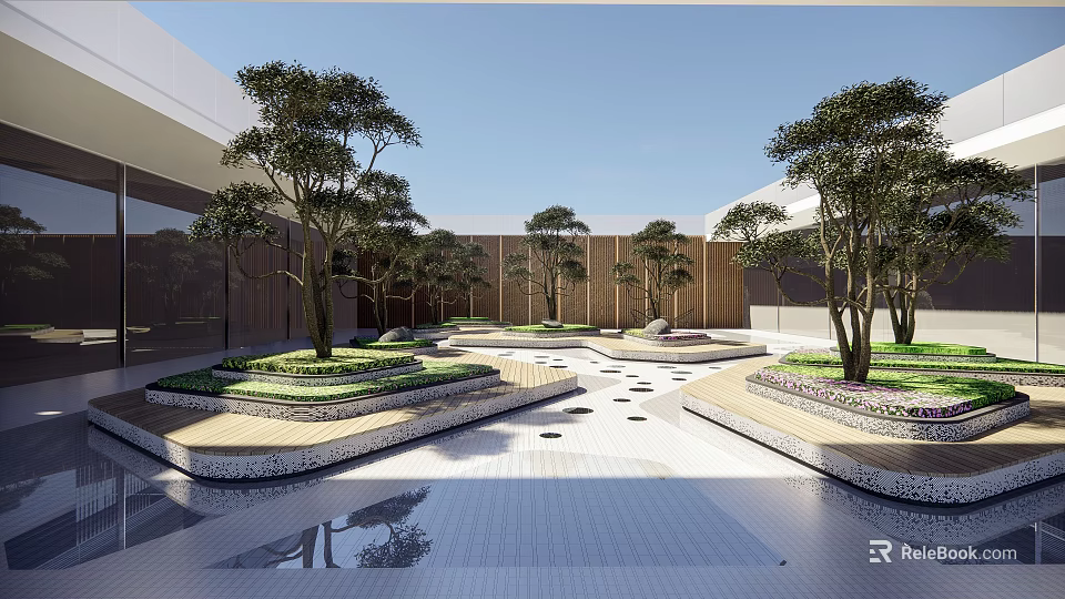 Modern Courtyard Garden Design With Trees Stone Pavement And Water Reflection 3d model 