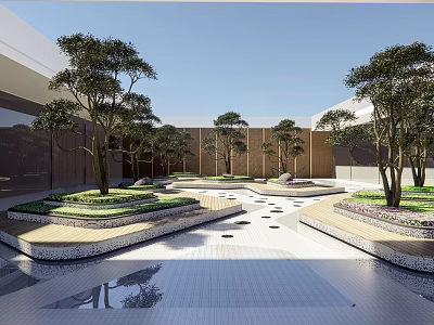 Modern Courtyard Garden Design With Trees Stone Pavement And Water Reflection 3d model