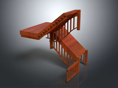 Wooden Double Flight Staircase With Modern Handrail And Interior Design Structure 3d model