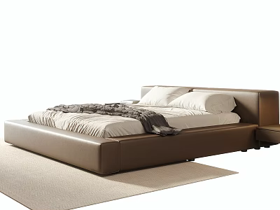 Modern Brown Leather Double Bed With White Pillows Comforter And Gray Throw On Beige Rug 3d model