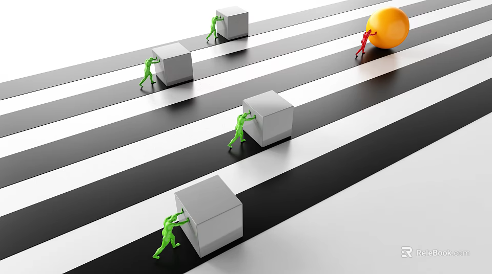 Green Figures Pushing Gray Cubes Red Figure Rolling Orange Sphere On Black White Striped Surface 3d model 