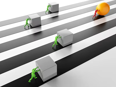 Green Figures Pushing Gray Cubes Red Figure Rolling Orange Sphere On Black White Striped Surface 3d model