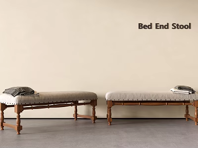 Two Bed End Stools With Wooden Legs Padded Seats And Plaid Blanket 3d model