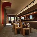 Elegant Club Interior With Traditional Wooden Decor Tea Sets Display And Red Accent Walls