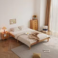 Natural Wooden Double Bed with Light Bedding Nightstands Table Lamp and Vase Flowers