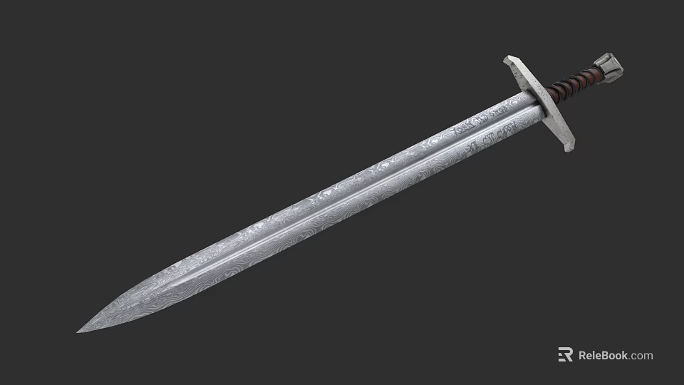 Ancient Medieval Sword With Engraved Blade And Brown Wrapped Hilt 3d model 