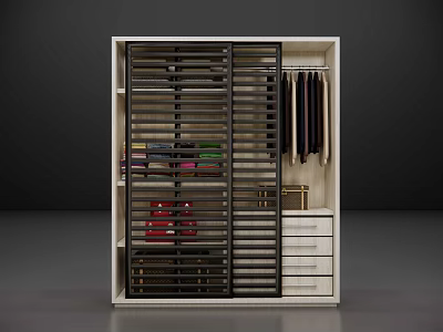 Modern Wardrobe Design With Slatted Sliding Doors Hanging Clothes And Storage Drawers 3d model