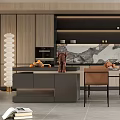 Modern Restaurant Interior With Marble Island Countertop Wooden Cabinets Dining Table And Decorative Plants