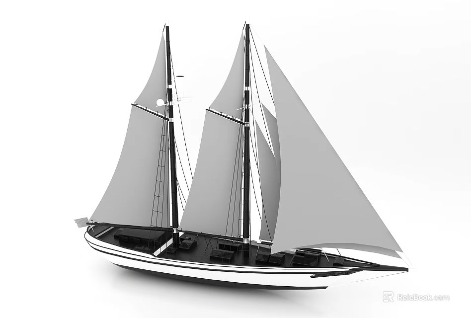 Classic Sailboat Model Featuring Two Masts White Sails And Black Hull Design 3d model 