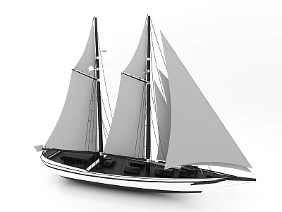 Classic Sailboat Model Featuring Two Masts White Sails And Black Hull Design 3d model