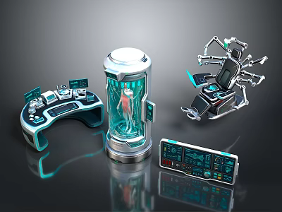 Futuristic Tech Components With Transparent Cylinder Control Console Mechanical Chair And Tablet 3d model