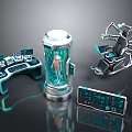 Futuristic Tech Components With Transparent Cylinder Control Console Mechanical Chair And Tablet