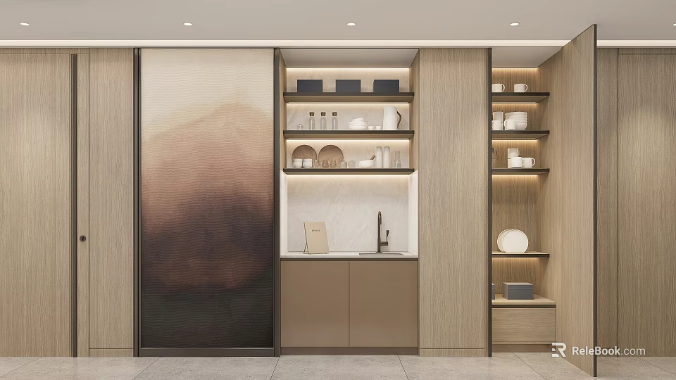 Modern Kitchen Tableware Set Display On Shelves With Wooden Cabinets White Countertop And Landscape Painting 3d model 