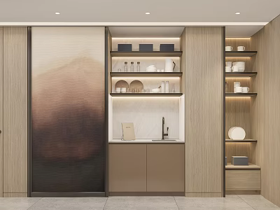 Modern Kitchen Tableware Set Display On Shelves With Wooden Cabinets White Countertop And Landscape Painting 3d model