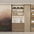 Modern Kitchen Tableware Set Display On Shelves With Wooden Cabinets White Countertop And Landscape Painting