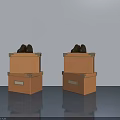 Stacked Cardboard Boxes With Hinged Doors And Black Shoes Against Gray Wall