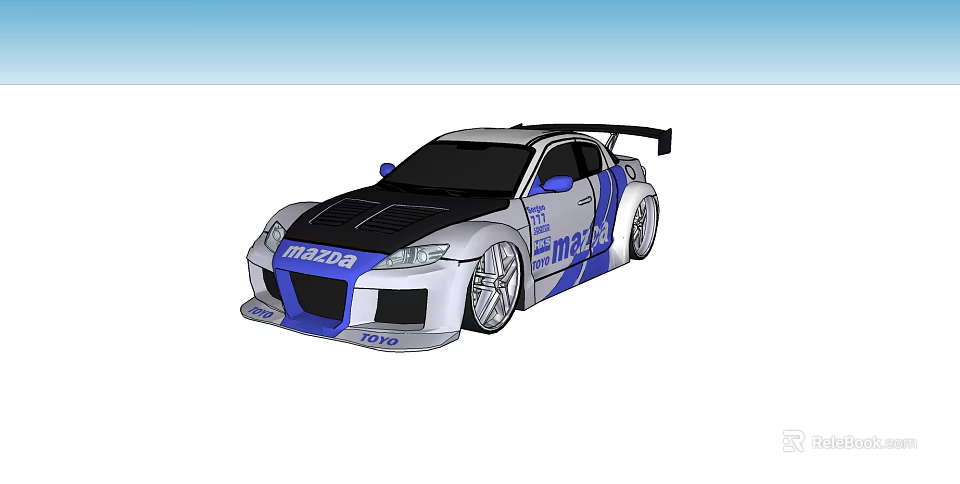 Mazda Race Car With Blue And White Livery Rear Spoiler And Sticker Decals 3d model 