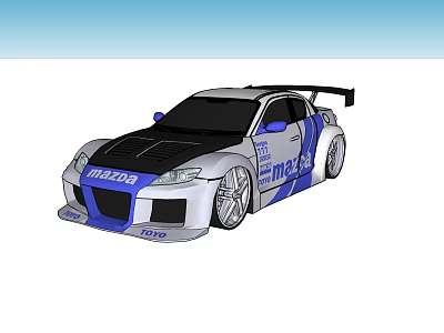 Mazda Race Car With Blue And White Livery Rear Spoiler And Sticker Decals 3d model