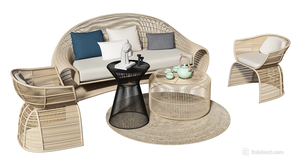 Stylish Rattan Outdoor Sofa With Blue White Grey Cushions And Side Tables For Patio 3d model 